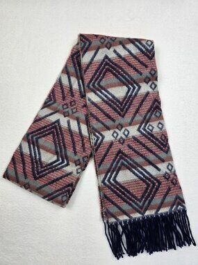 100% Cashmere Geometric Pattern Scarf With Fringe Made In Scotland